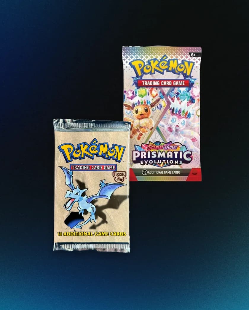 Pokemon trading card packs including Base Set, 151, and Prismatic Evolution